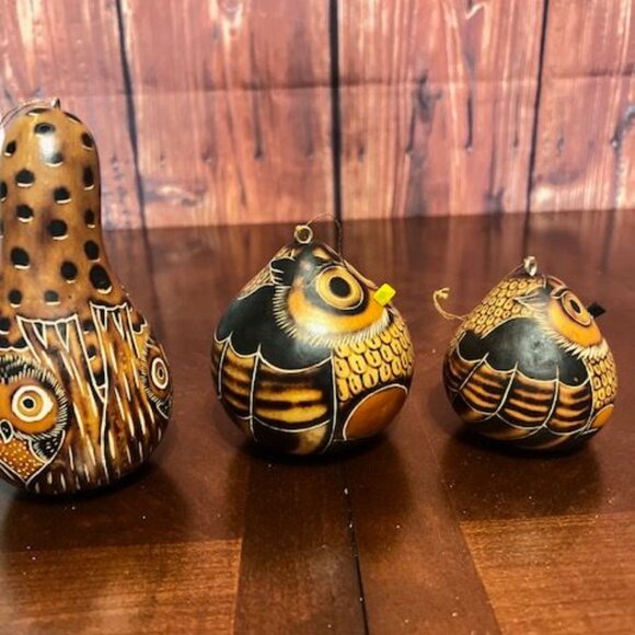 Handcrafted Gourd Owl Ornaments Set of 3 by Lucuma designs artistic detailing - Picture 4 of 7